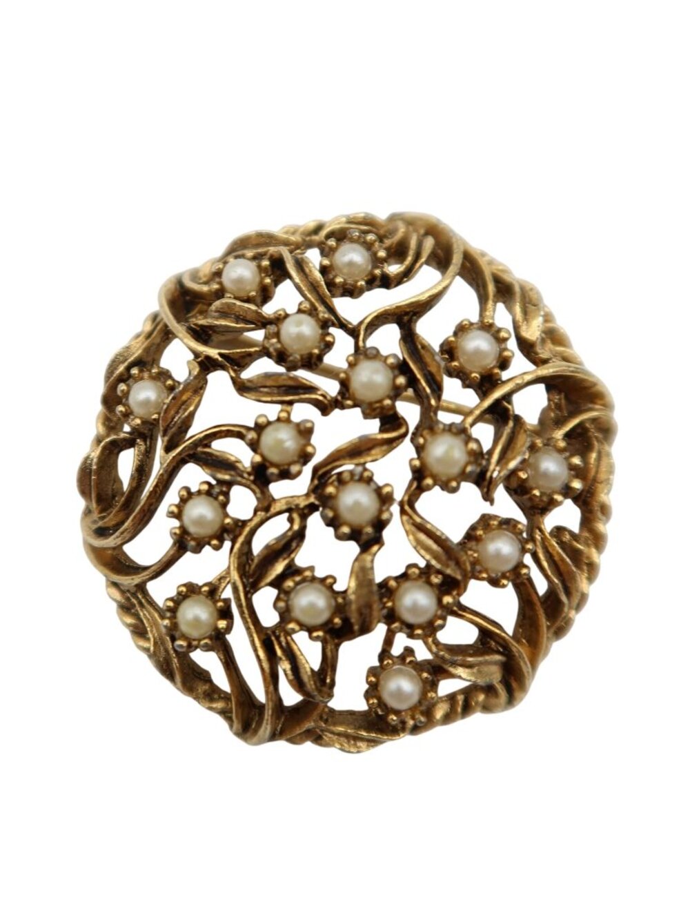 Vintage Faux Pearl Gold Tone Openwork Floral Brooch Pin 1.25" Art Nouveau